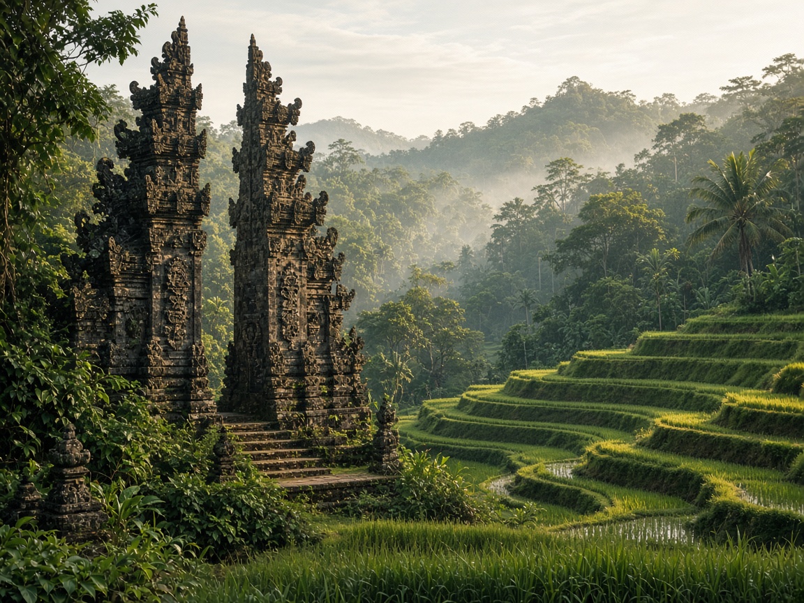 A temple gate and rice terraces in Bali